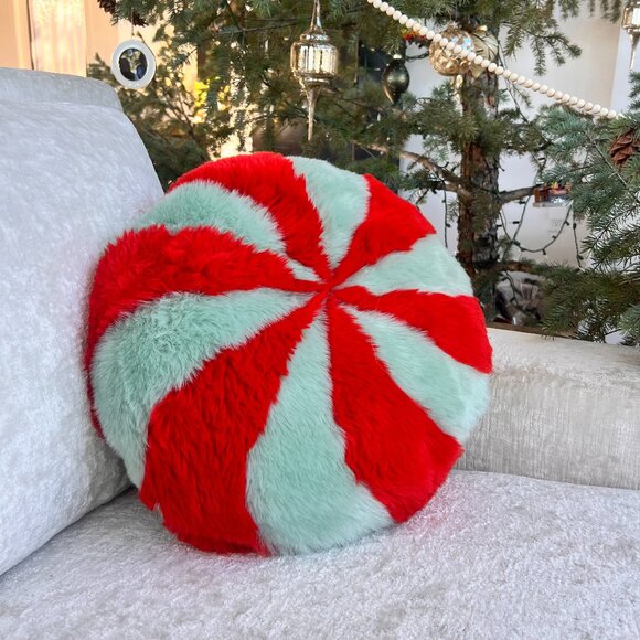 Anthropologie Other - Discontinued Brand New Anthropologie Peppermint Green&Red Faux Fur Pillow
